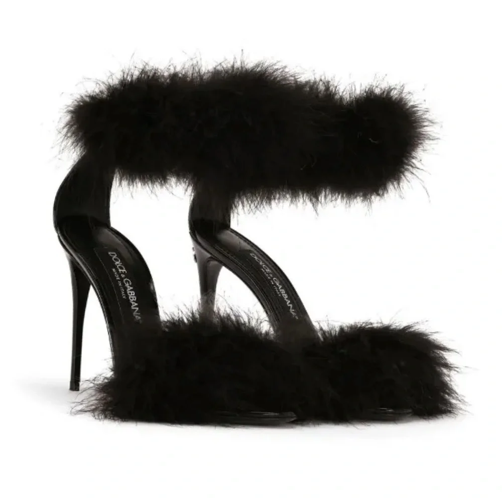 DOLCE & GABBANA Keira sandal heel black feather EU 37 105mm leather cocktail new - Picture 2 of 10